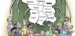 A picture showing different characters speaking African languages